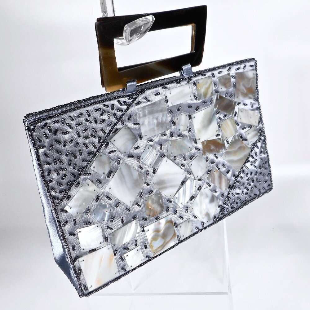 VTG 80s Mother of Pearl Tile Bag Blue Gray Hematite Color Beads Lucite Handles